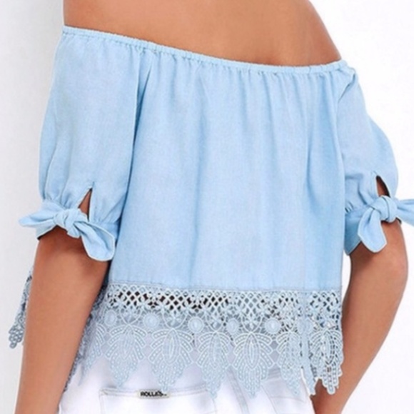 New boho Blue crochet lace off shoulder crop top - Picture 5 of 5